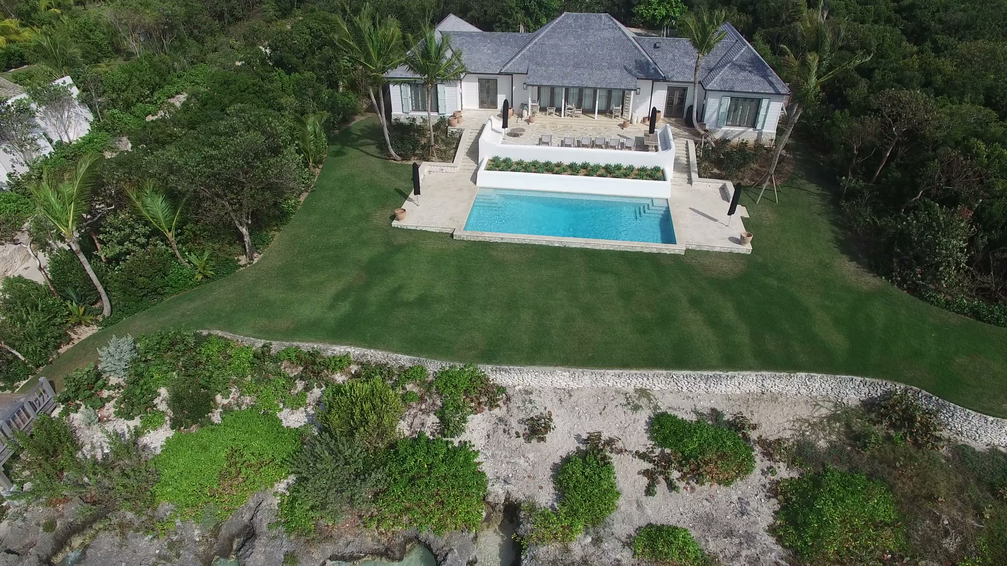 Aerial view of a Sagoma-built residence and pool on Harbour Island
